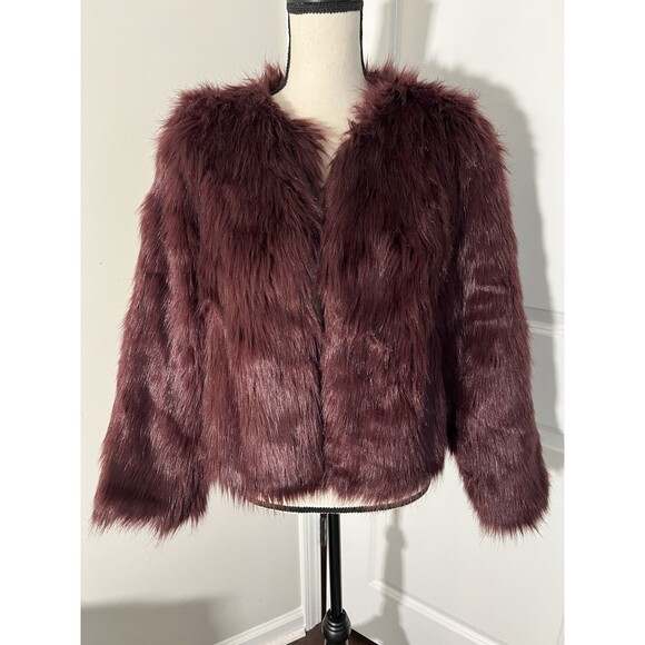 H&M Dark Cabernet Faux Fur Jacket Medium EUC - Picture 1 of 7